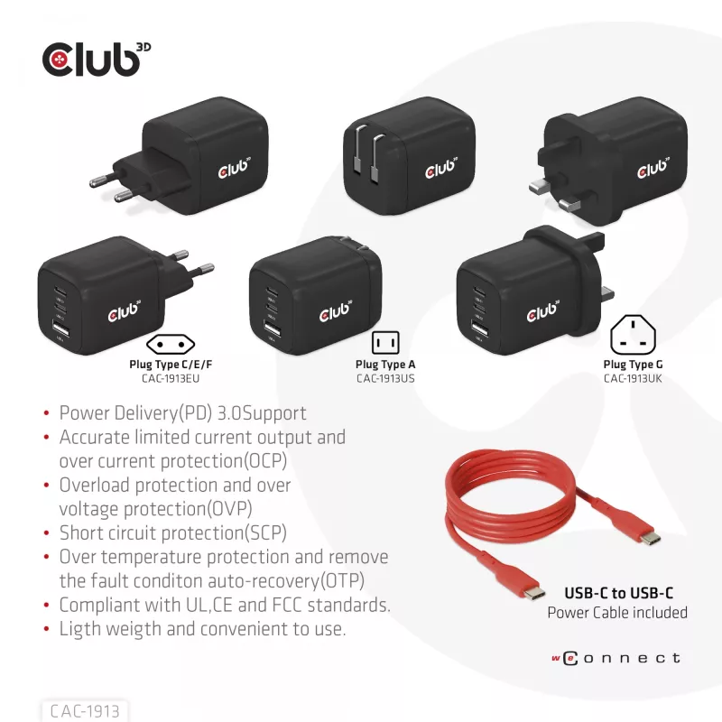 Cargador de viaje CLUB3D PPS 65W tecnología GAN, triple conexión (2x USB Type-C + USB Type-A) compatible con Power Delivery (PD) 3.0