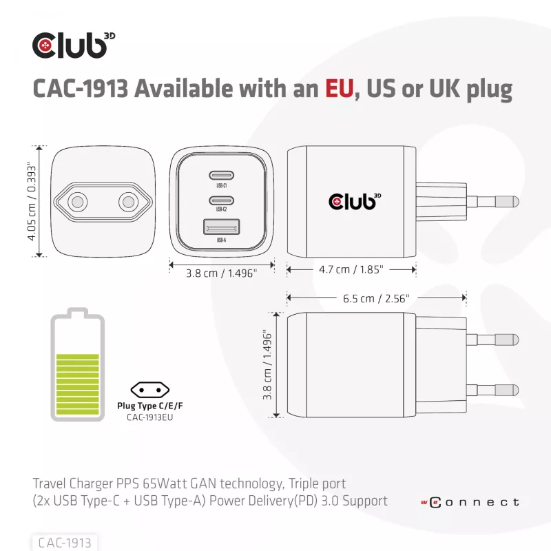 Cargador de viaje CLUB3D PPS 65W tecnología GAN, triple conexión (2x USB Type-C + USB Type-A) compatible con Power Delivery (PD) 3.0