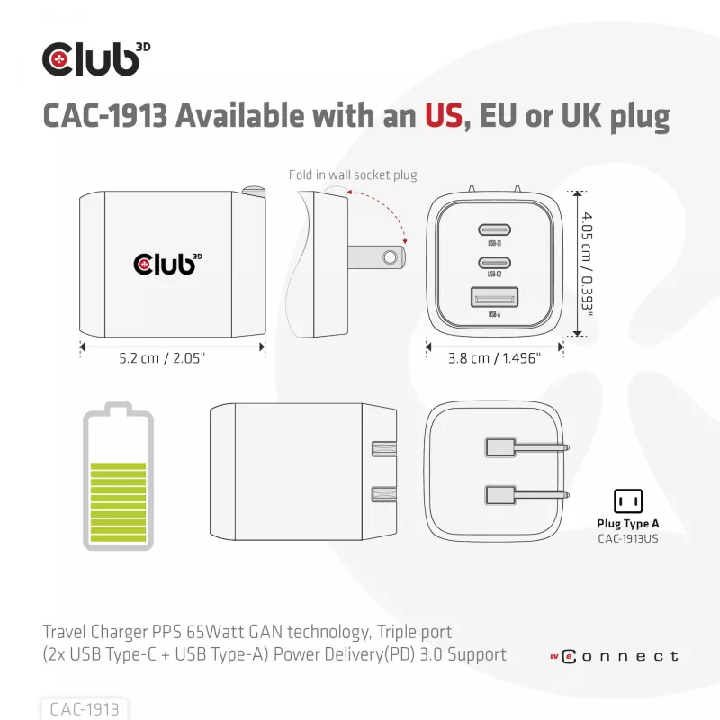 Cargador de viaje CLUB3D PPS 65W tecnología GAN, triple conexión (2x USB Type-C + USB Type-A) compatible con Power Delivery (PD) 3.0