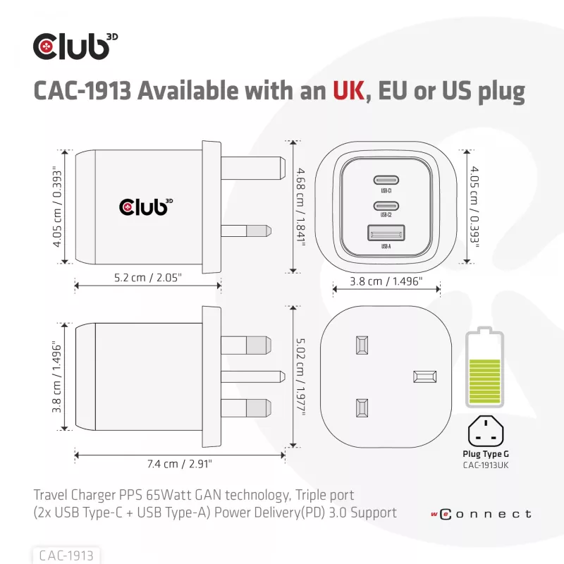 Cargador de viaje CLUB3D PPS 65W tecnología GAN, triple conexión (2x USB Type-C + USB Type-A) compatible con Power Delivery (PD) 3.0