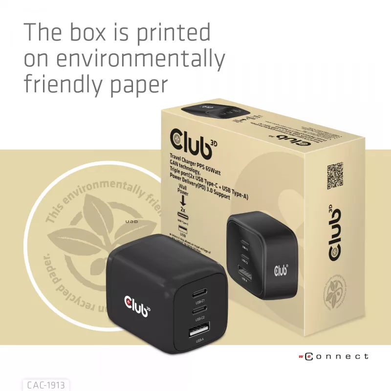 Cargador de viaje CLUB3D PPS 65W tecnología GAN, triple conexión (2x USB Type-C + USB Type-A) compatible con Power Delivery (PD) 3.0