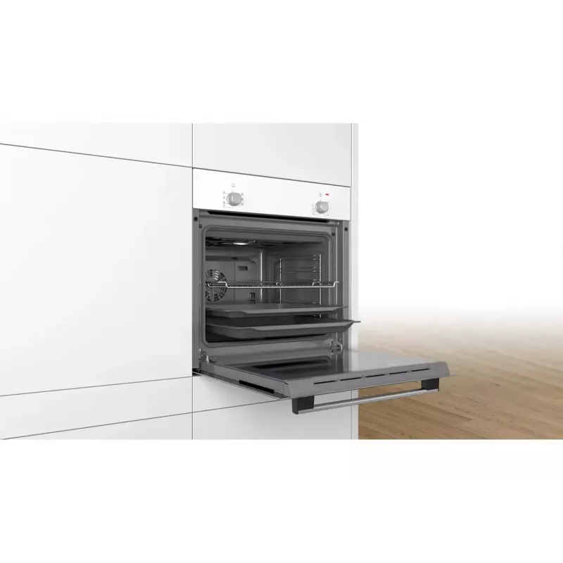 Horno eléctrico empotrable Bosch Serie 2 HBF010BV1S — 66 L, mandos giratorios, lámpara halógena, clase A, blanco