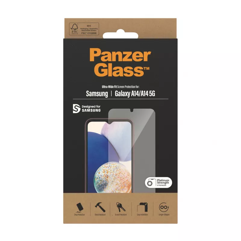 Protector de pantalla PanzerGlass Samsung Galaxy A14 A14 5G Ultra-Wide Fit resistente a arañazos e impactos