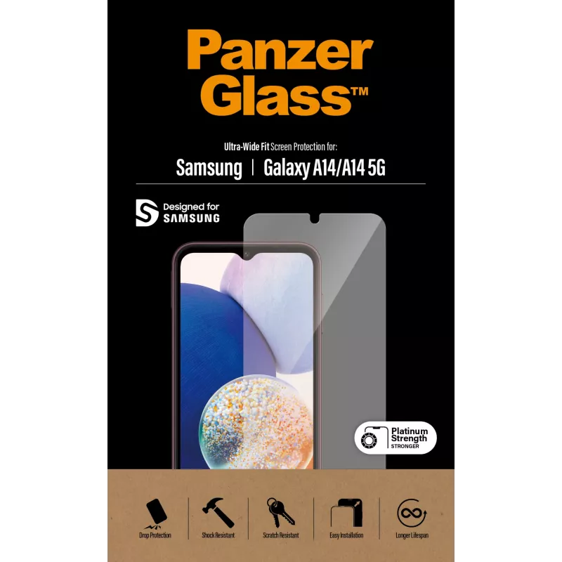 Protector de pantalla PanzerGlass Samsung Galaxy A14 A14 5G Ultra-Wide Fit resistente a arañazos e impactos