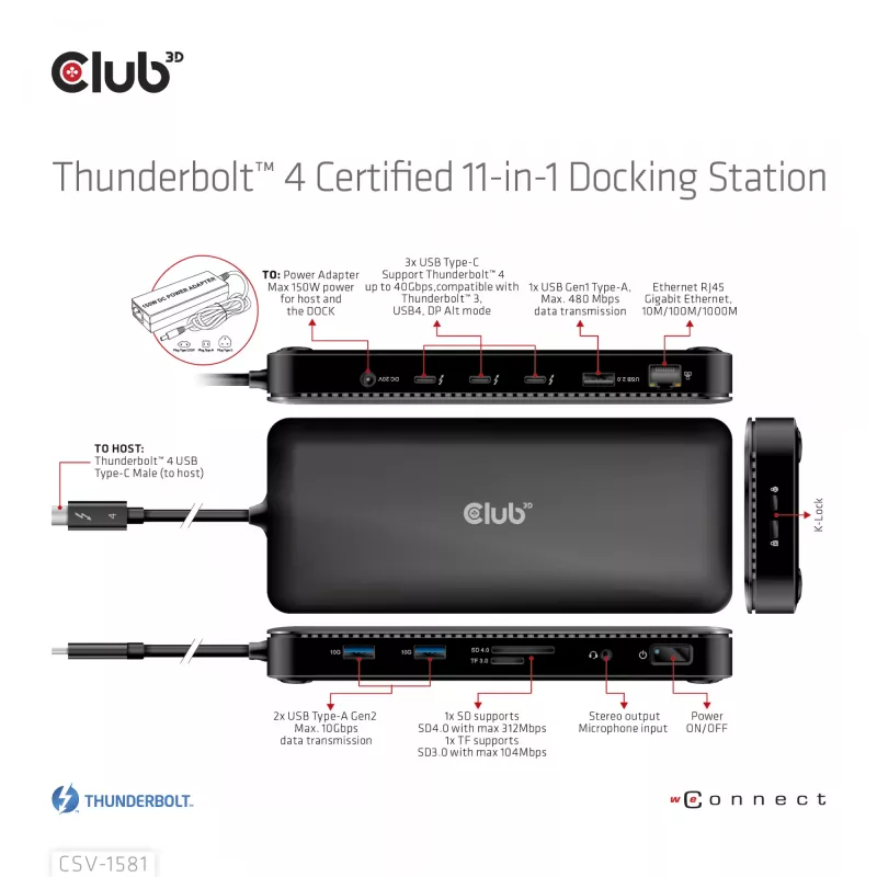 Base de acoplamiento CLUB3D Thunderbolt 4 Certified 11-en-1 140W