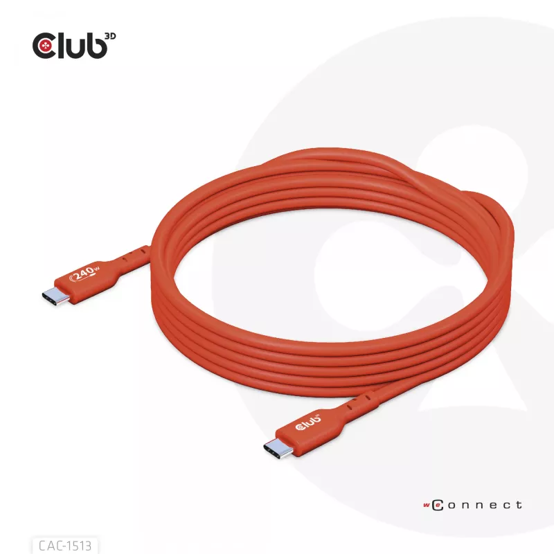 Cable de datos bidireccional CLUB3D USB2 Type-C certificado USB-IF 480Mb, PD 240W(48V/5A) EPR M/M 3m / 9.84 ft