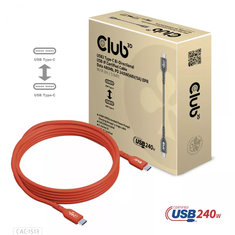 Cable de datos bidireccional CLUB3D USB2 Type-C certificado USB-IF 480Mb, PD 240W(48V/5A) EPR M/M 3m / 9.84 ft