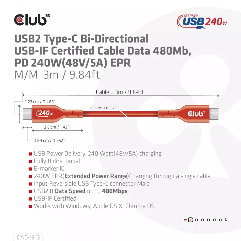 Cable de datos bidireccional CLUB3D USB2 Type-C certificado USB-IF 480Mb, PD 240W(48V/5A) EPR M/M 3m / 9.84 ft
