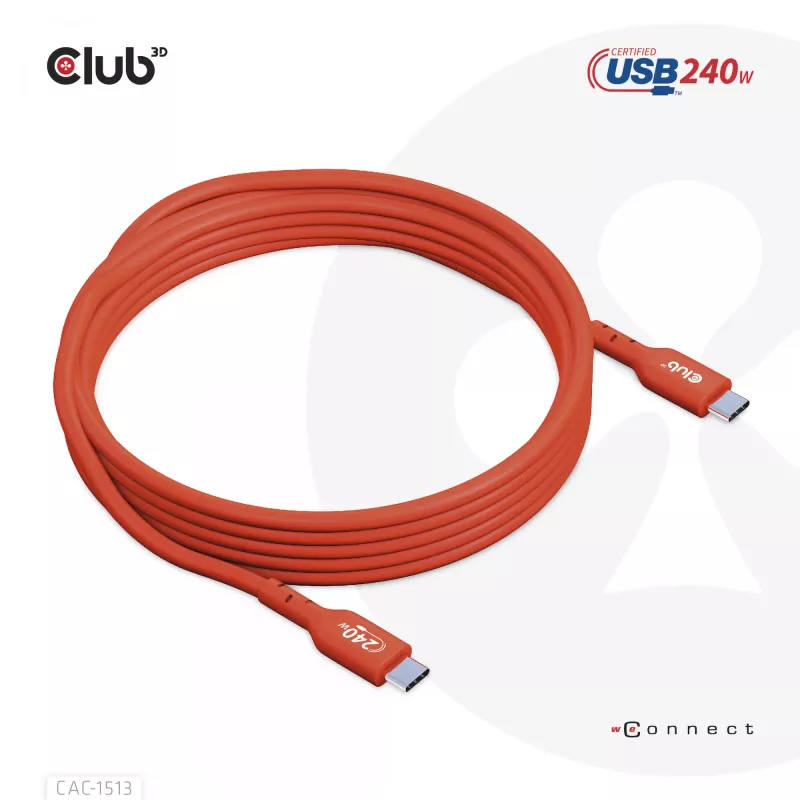 Cable de datos bidireccional CLUB3D USB2 Type-C certificado USB-IF 480Mb, PD 240W(48V/5A) EPR M/M 3m / 9.84 ft