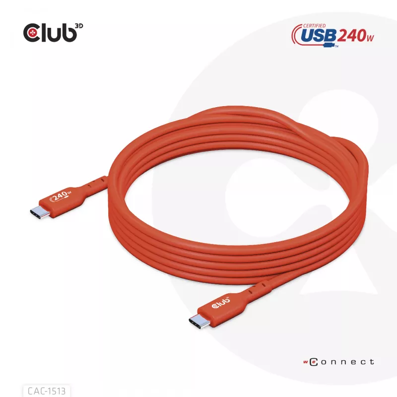 Cable de datos bidireccional CLUB3D USB2 Type-C certificado USB-IF 480Mb, PD 240W(48V/5A) EPR M/M 3m / 9.84 ft