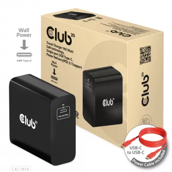 Cargador de viaje CLUB3D 140 W tecnología GaN, puerto único USB Type-C, compatible con Power Delivery (PD) 3.1
