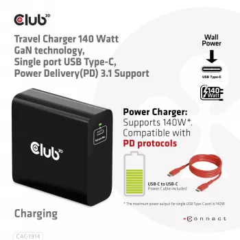Cargador de viaje CLUB3D 140 W tecnología GaN, puerto único USB Type-C, compatible con Power Delivery (PD) 3.1