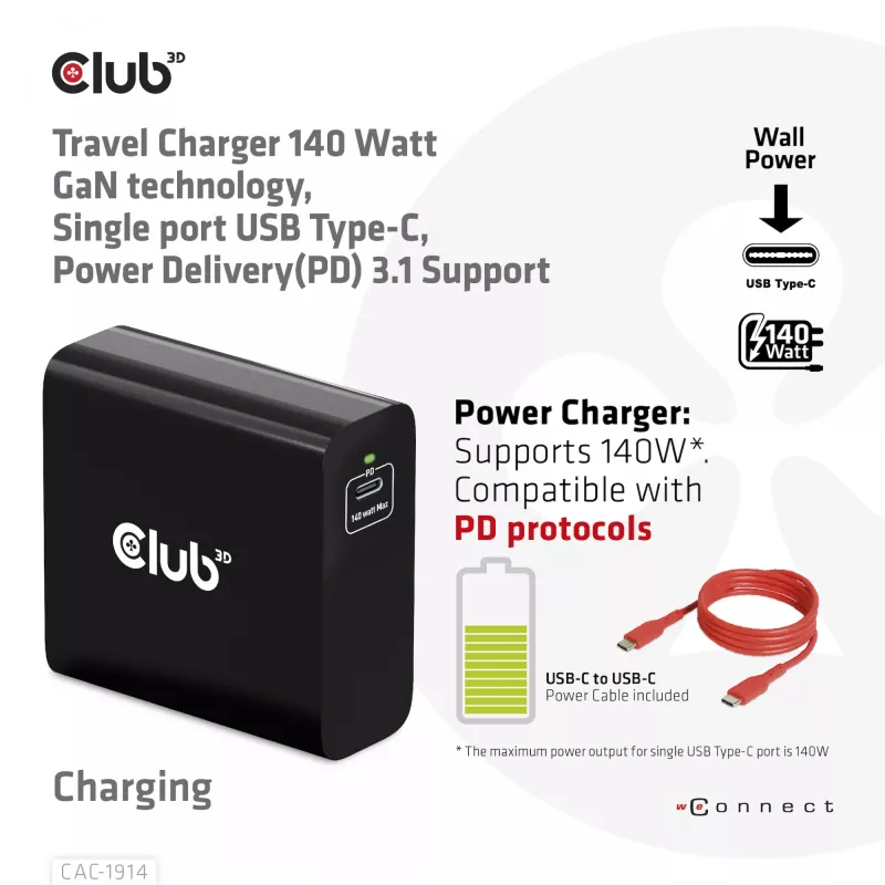 Cargador de viaje CLUB3D 140 W tecnología GaN, puerto único USB Type-C, compatible con Power Delivery (PD) 3.1