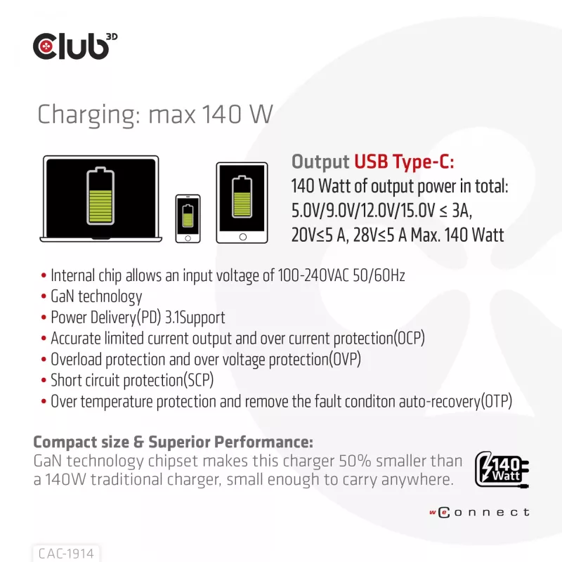 Cargador de viaje CLUB3D 140 W tecnología GaN, puerto único USB Type-C, compatible con Power Delivery (PD) 3.1