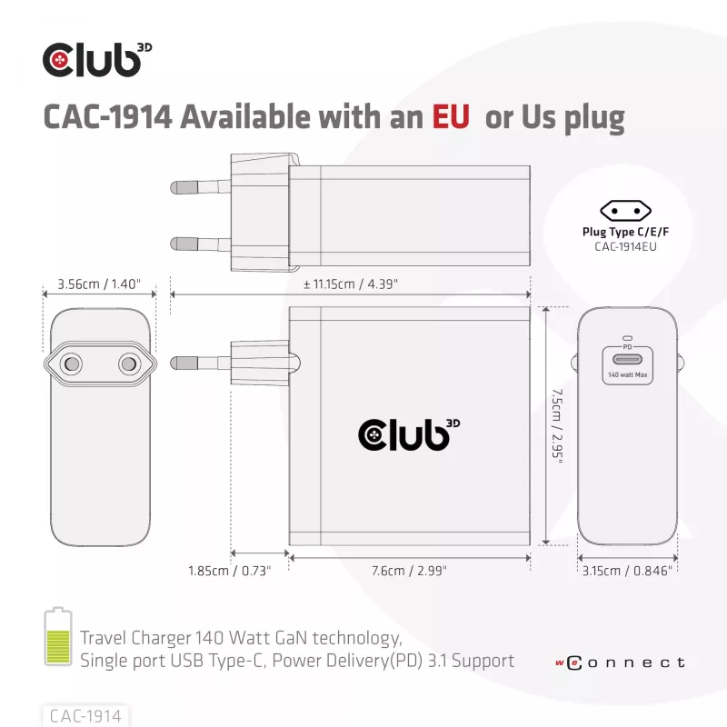 Cargador de viaje CLUB3D 140 W tecnología GaN, puerto único USB Type-C, compatible con Power Delivery (PD) 3.1