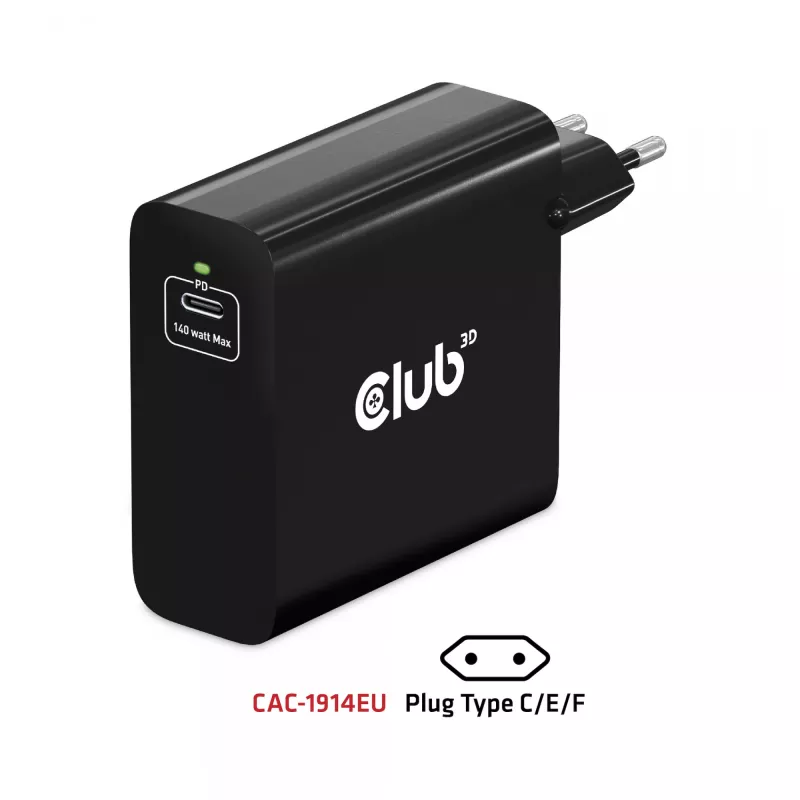 Cargador de viaje CLUB3D 140 W tecnología GaN, puerto único USB Type-C, compatible con Power Delivery (PD) 3.1