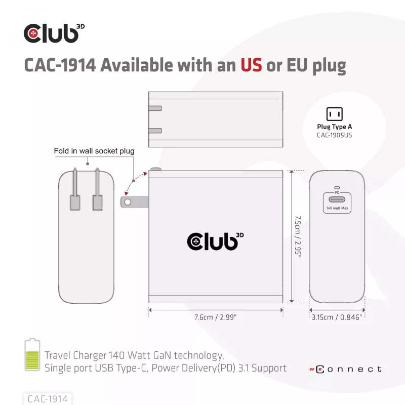 Cargador de viaje CLUB3D 140 W tecnología GaN, puerto único USB Type-C, compatible con Power Delivery (PD) 3.1