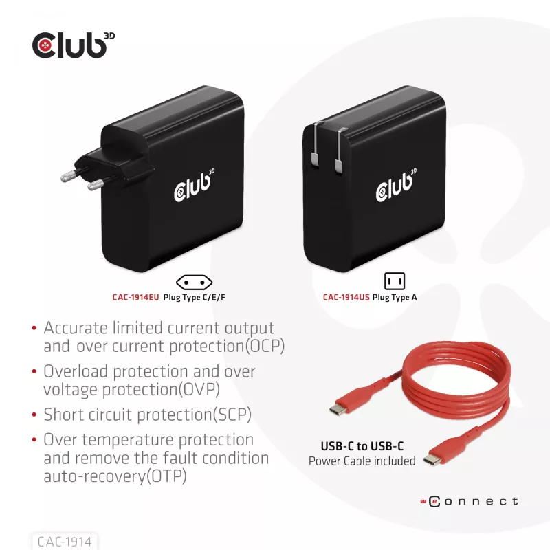 Cargador de viaje CLUB3D 140 W tecnología GaN, puerto único USB Type-C, compatible con Power Delivery (PD) 3.1