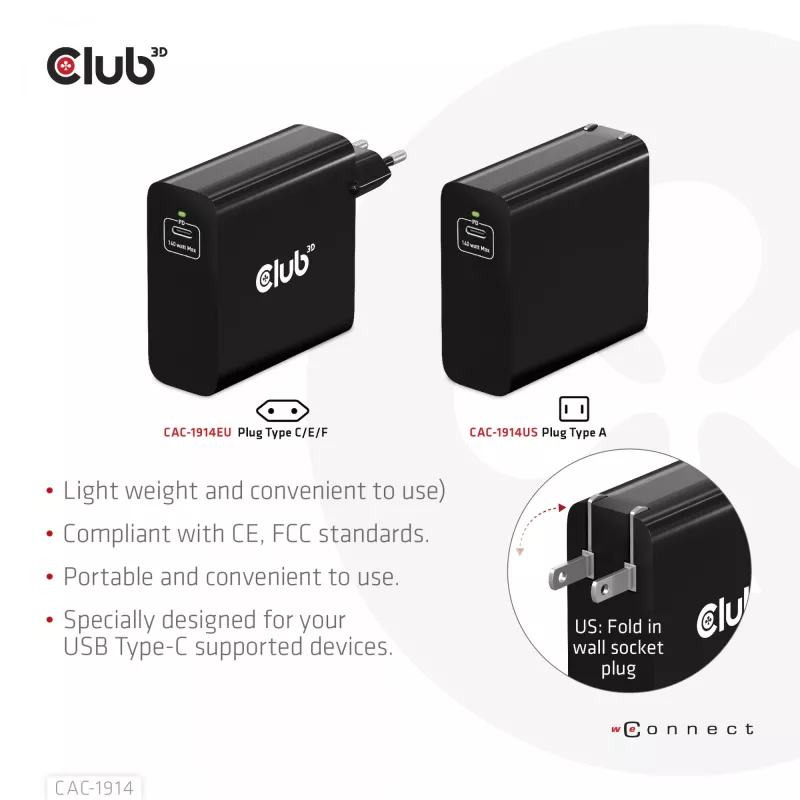 Cargador de viaje CLUB3D 140 W tecnología GaN, puerto único USB Type-C, compatible con Power Delivery (PD) 3.1