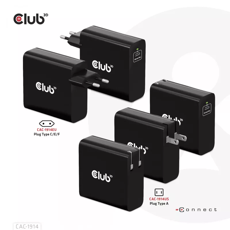 Cargador de viaje CLUB3D 140 W tecnología GaN, puerto único USB Type-C, compatible con Power Delivery (PD) 3.1