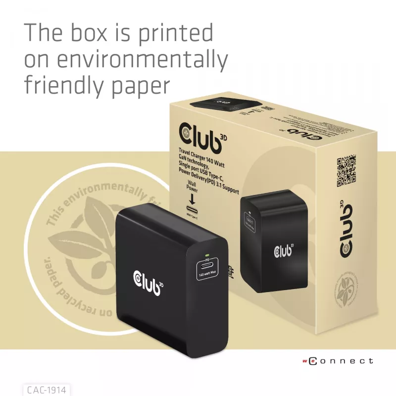 Cargador de viaje CLUB3D 140 W tecnología GaN, puerto único USB Type-C, compatible con Power Delivery (PD) 3.1