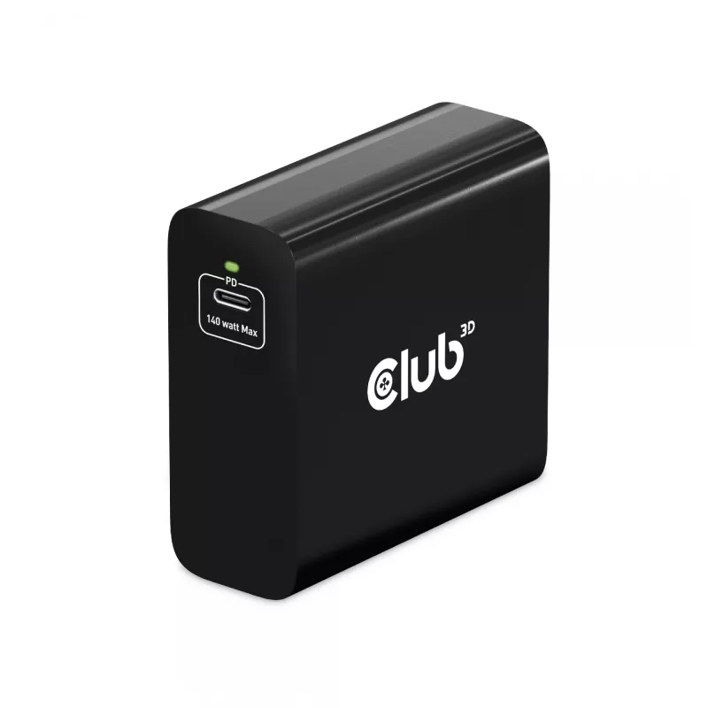 Cargador de viaje CLUB3D 140 W tecnología GaN, puerto único USB Type-C, compatible con Power Delivery (PD) 3.1