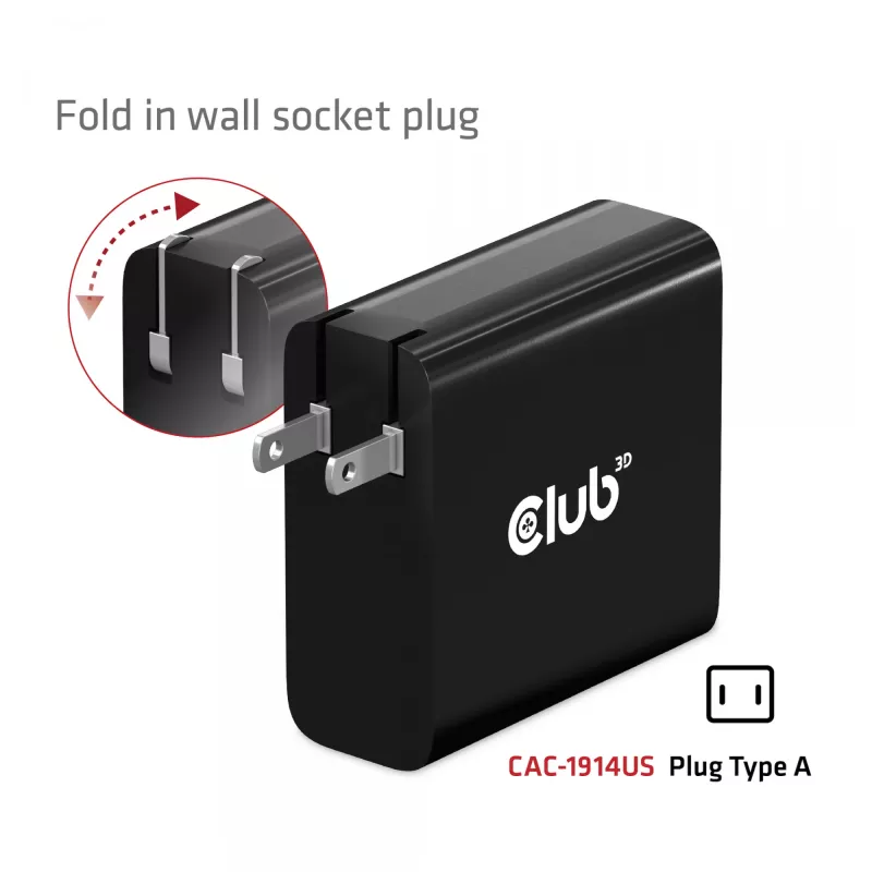 Cargador de viaje CLUB3D 140 W tecnología GaN, puerto único USB Type-C, compatible con Power Delivery (PD) 3.1