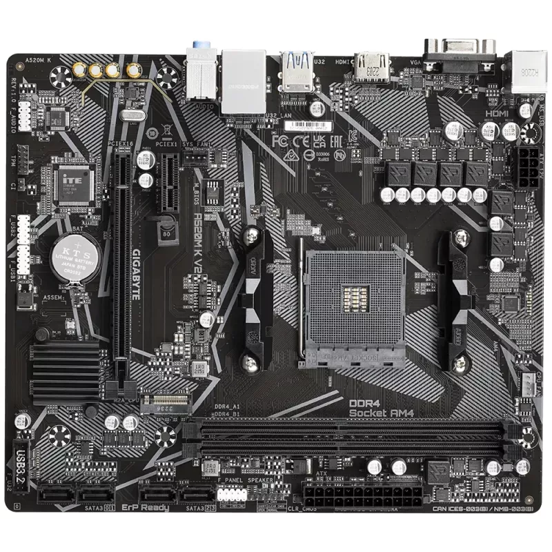 Placa base GIGABYTE A520M K V2 - Compatible con CPUs AMD Ryzen 5000 Serie AM4, hasta 5100MHz DDR4 (OC), PCIe Gen3 x4 M.2, GbE LAN, USB 3.2 Gen 1
