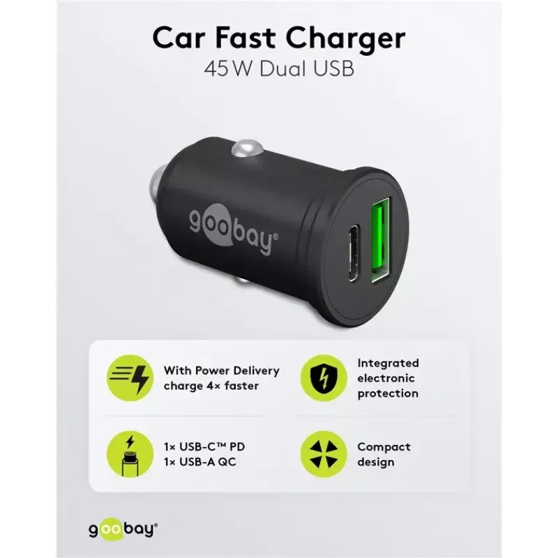 Cargador rápido de coche Goobay Dual-USB USB-C PD 45W negro