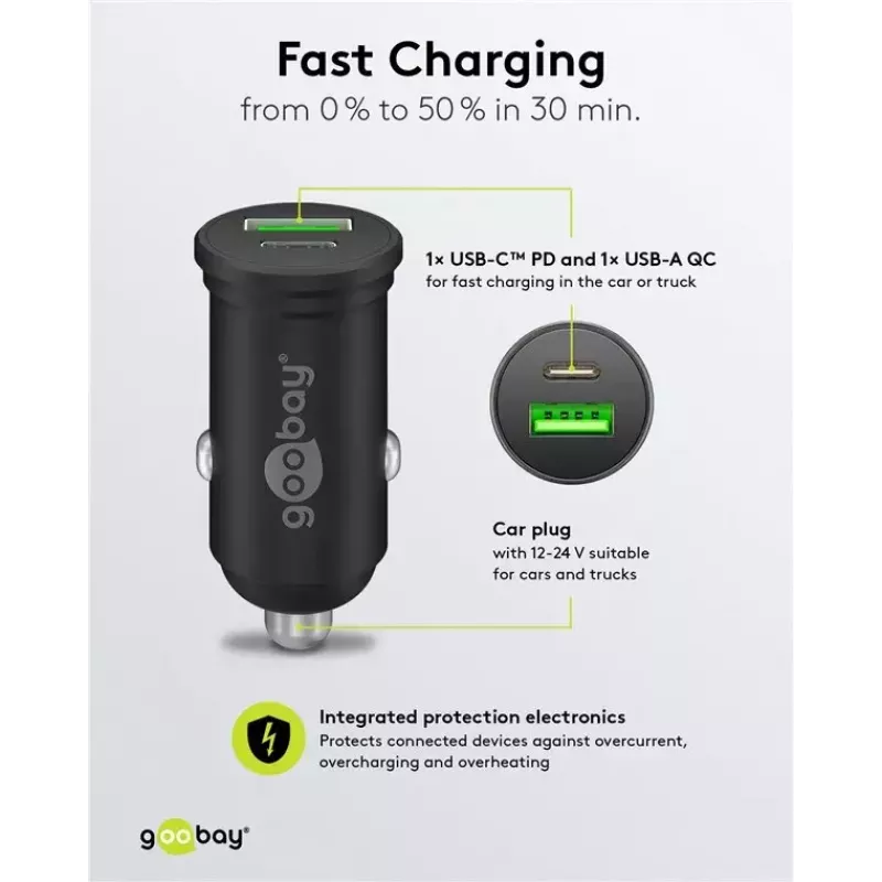 Cargador rápido de coche Goobay Dual-USB USB-C PD 45W negro