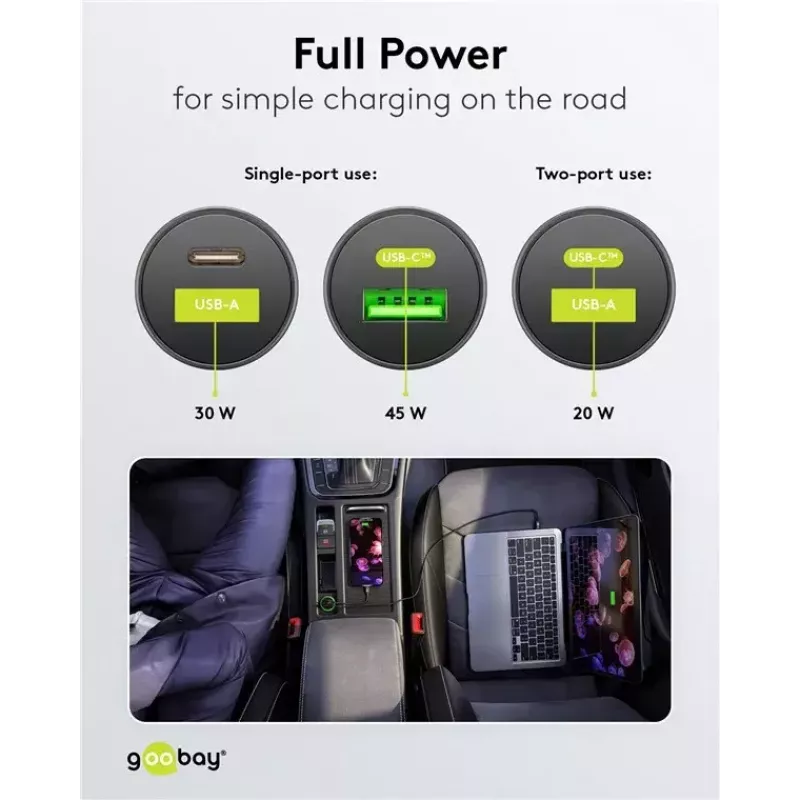 Cargador rápido de coche Goobay Dual-USB USB-C PD 45W negro