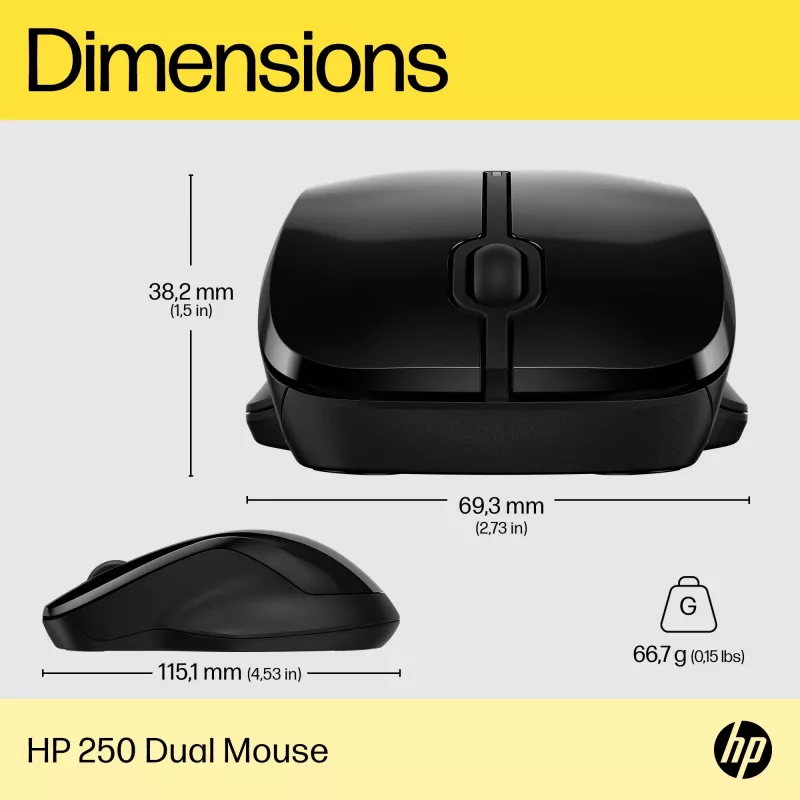 HP 250 Dual Ratón, ambidiestro, Bluetooth + USB Type-A, 1600 DPI, Negro