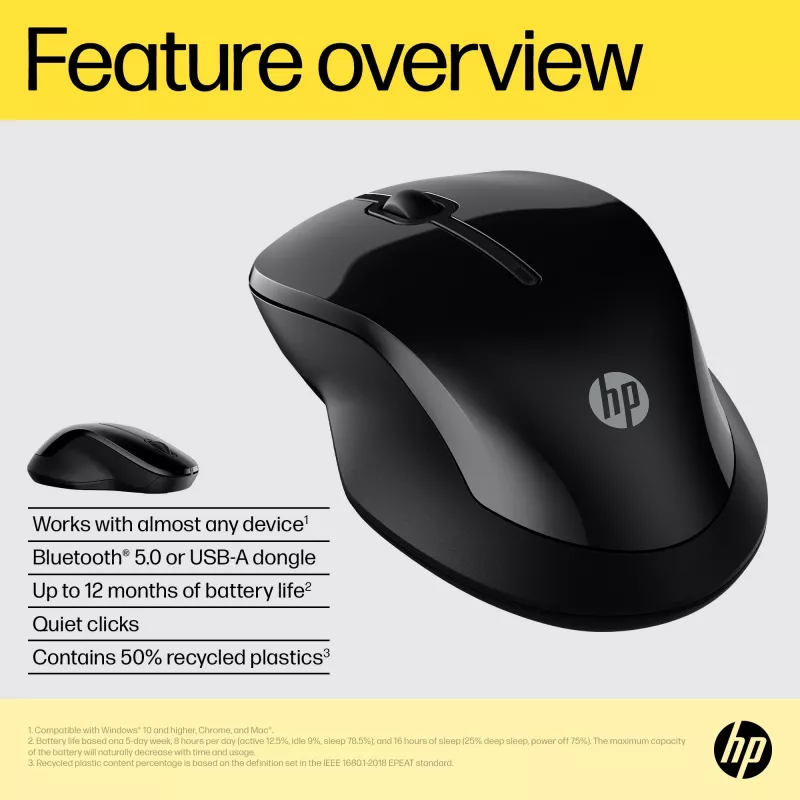 HP 250 Dual Ratón, ambidiestro, Bluetooth + USB Type-A, 1600 DPI, Negro