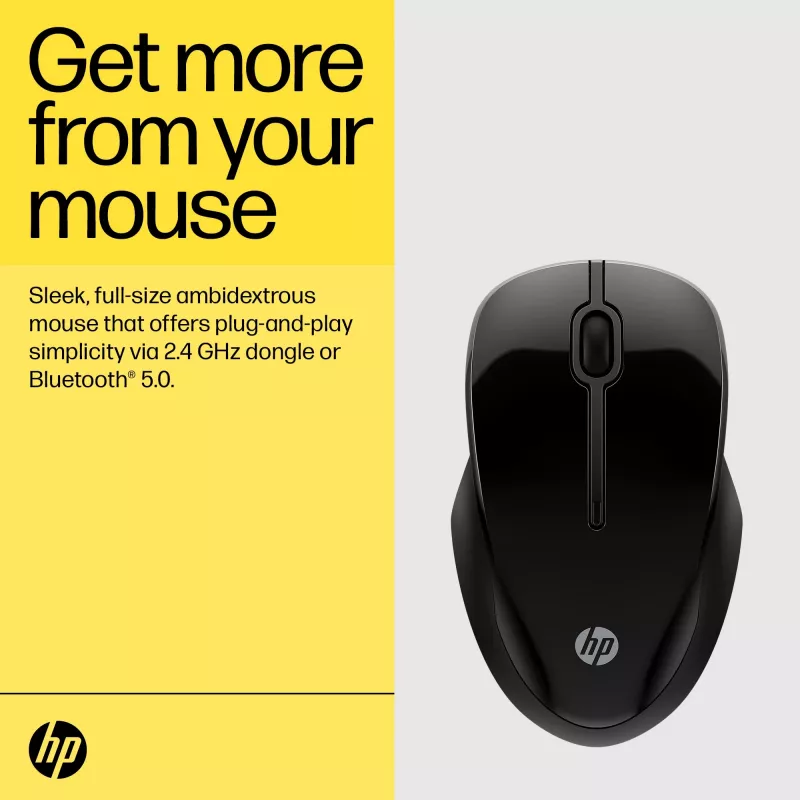 HP 250 Dual Ratón, ambidiestro, Bluetooth + USB Type-A, 1600 DPI, Negro