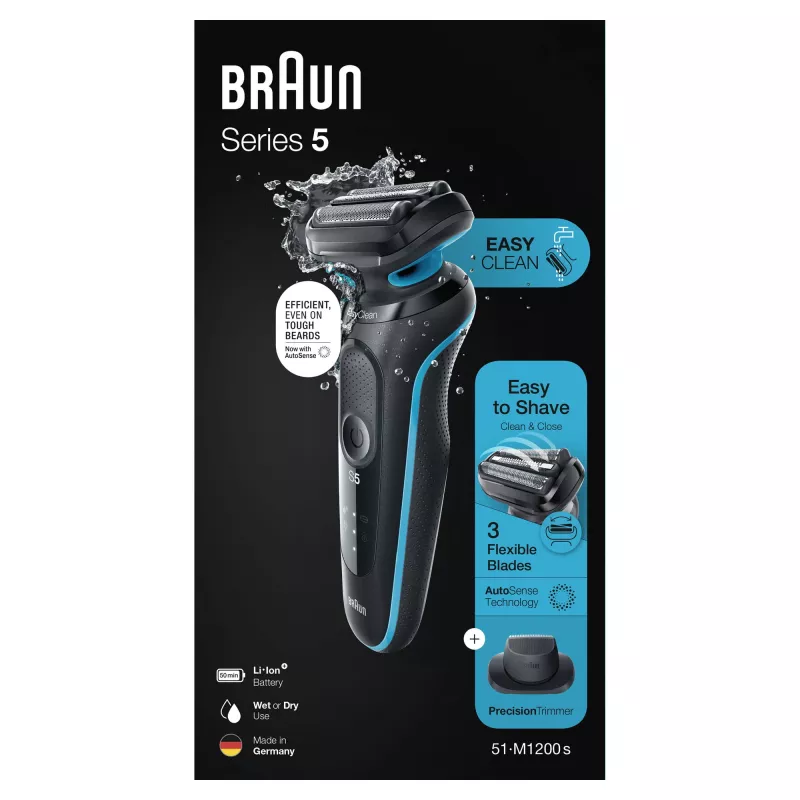 Braun Series 5 51-M1200s Afeitadora para hombre Afeitadora de láminas Recortadora Negra, Azul