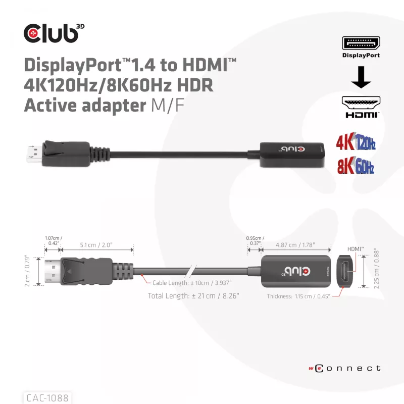 CLUB3D DisplayPort1.4 a HDMI 4K120Hz/8K60Hz HDR Adaptador Activo M/H