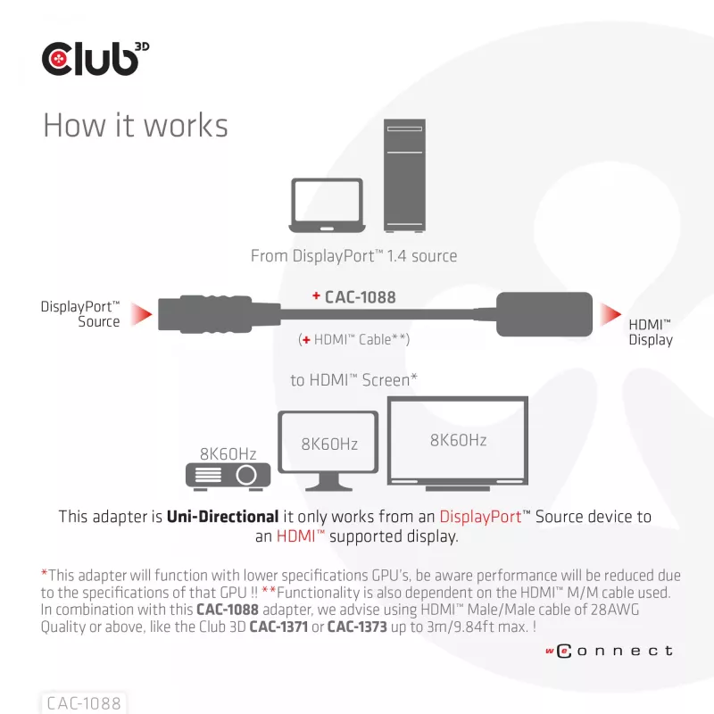 CLUB3D DisplayPort1.4 a HDMI 4K120Hz/8K60Hz HDR Adaptador Activo M/H