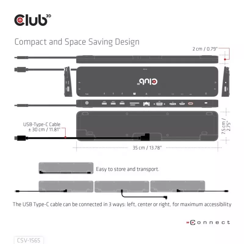 CLUB3D USB Gen1 Type-C Triple Display DP1.4 Alt mode Smart PD3.0 Charging Dock con Fuente de Alimentación 100 Watt