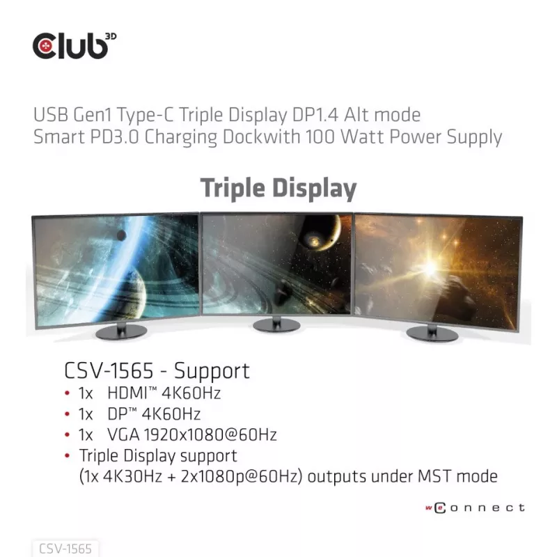 CLUB3D USB Gen1 Type-C Triple Display DP1.4 Alt mode Smart PD3.0 Charging Dock con Fuente de Alimentación 100 Watt