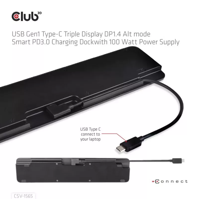 CLUB3D USB Gen1 Type-C Triple Display DP1.4 Alt mode Smart PD3.0 Charging Dock con Fuente de Alimentación 100 Watt