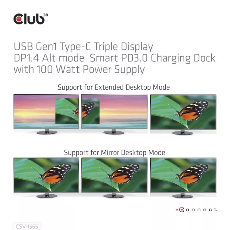 CLUB3D USB Gen1 Type-C Triple Display DP1.4 Alt mode Smart PD3.0 Charging Dock con Fuente de Alimentación 100 Watt