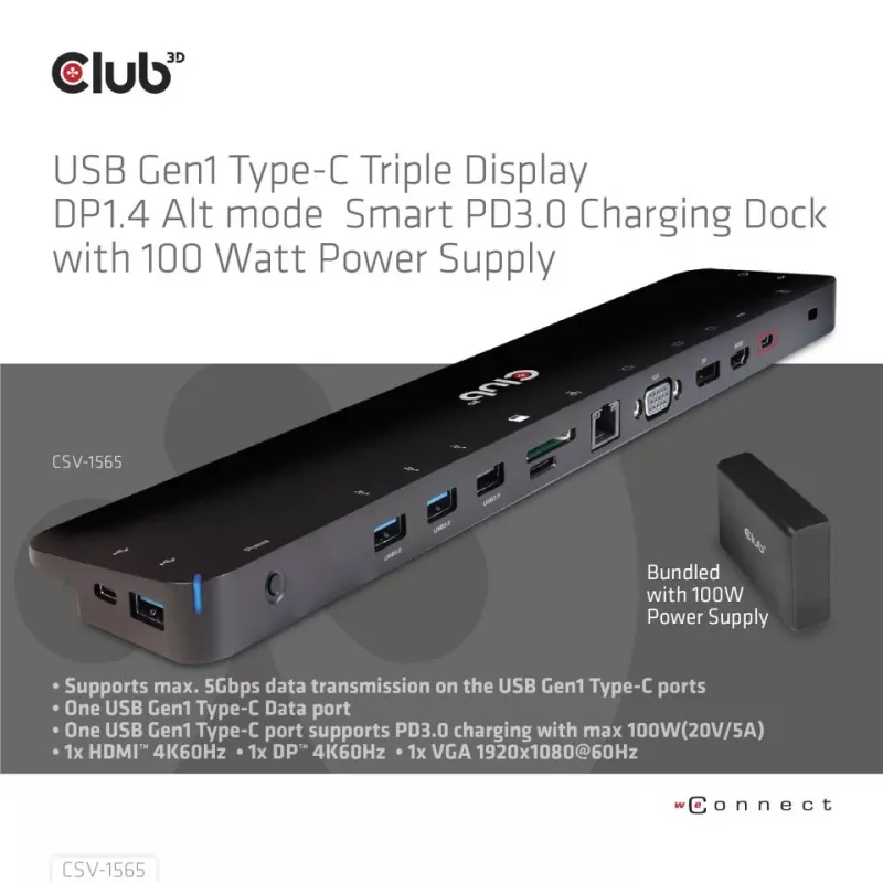 CLUB3D USB Gen1 Type-C Triple Display DP1.4 Alt mode Smart PD3.0 Charging Dock con Fuente de Alimentación 100 Watt
