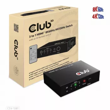 Club3D CSV-1381 conmutador HDMI 3 a 1, 8K60Hz/4K120Hz