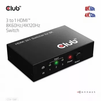 Club3D CSV-1381 conmutador HDMI 3 a 1, 8K60Hz/4K120Hz