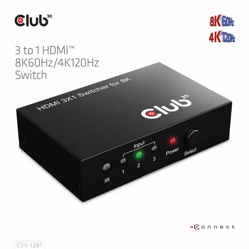 Club3D CSV-1381 conmutador HDMI 3 a 1, 8K60Hz/4K120Hz