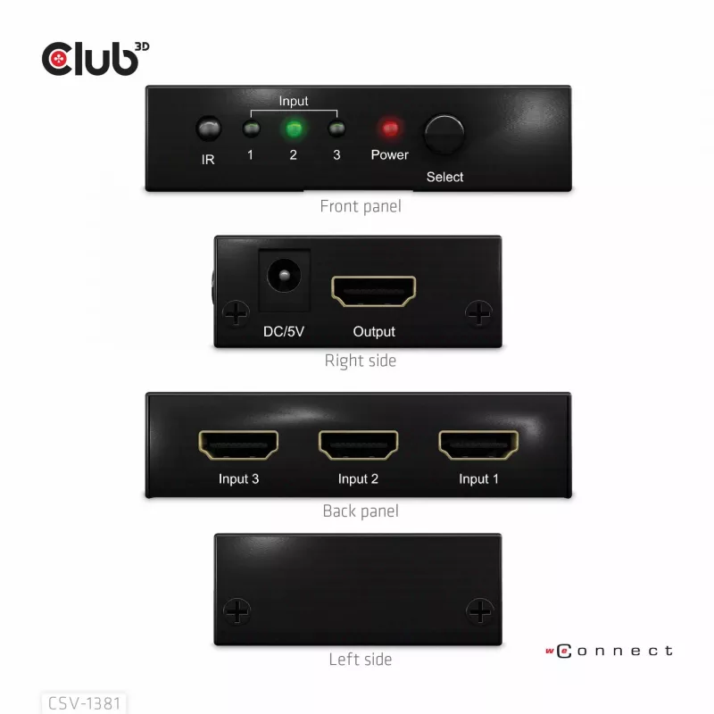 Club3D CSV-1381 conmutador HDMI 3 a 1, 8K60Hz/4K120Hz