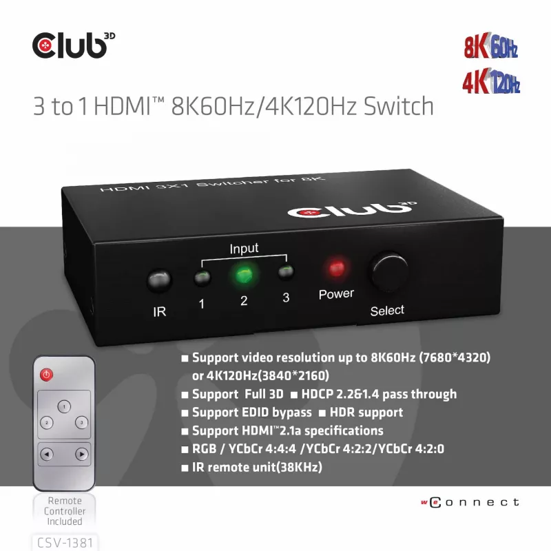 Club3D CSV-1381 conmutador HDMI 3 a 1, 8K60Hz/4K120Hz
