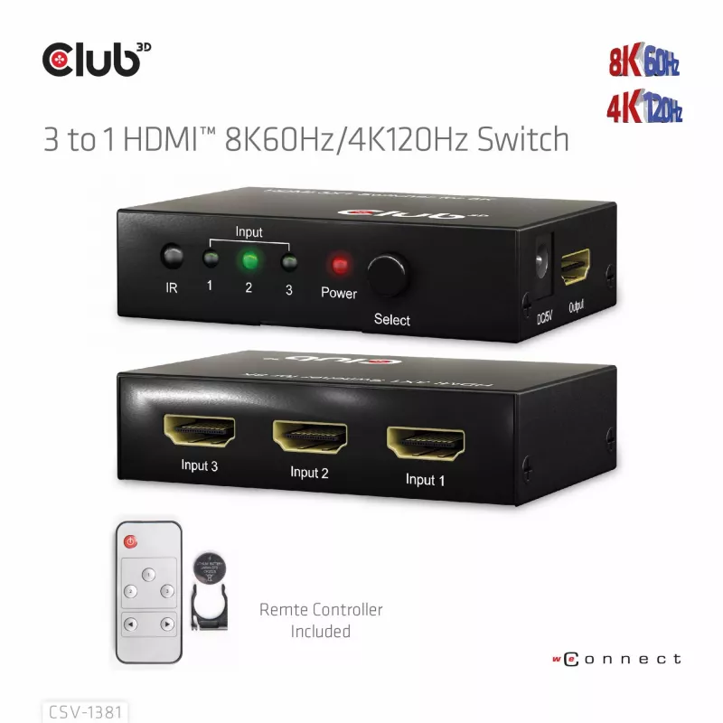 Club3D CSV-1381 conmutador HDMI 3 a 1, 8K60Hz/4K120Hz