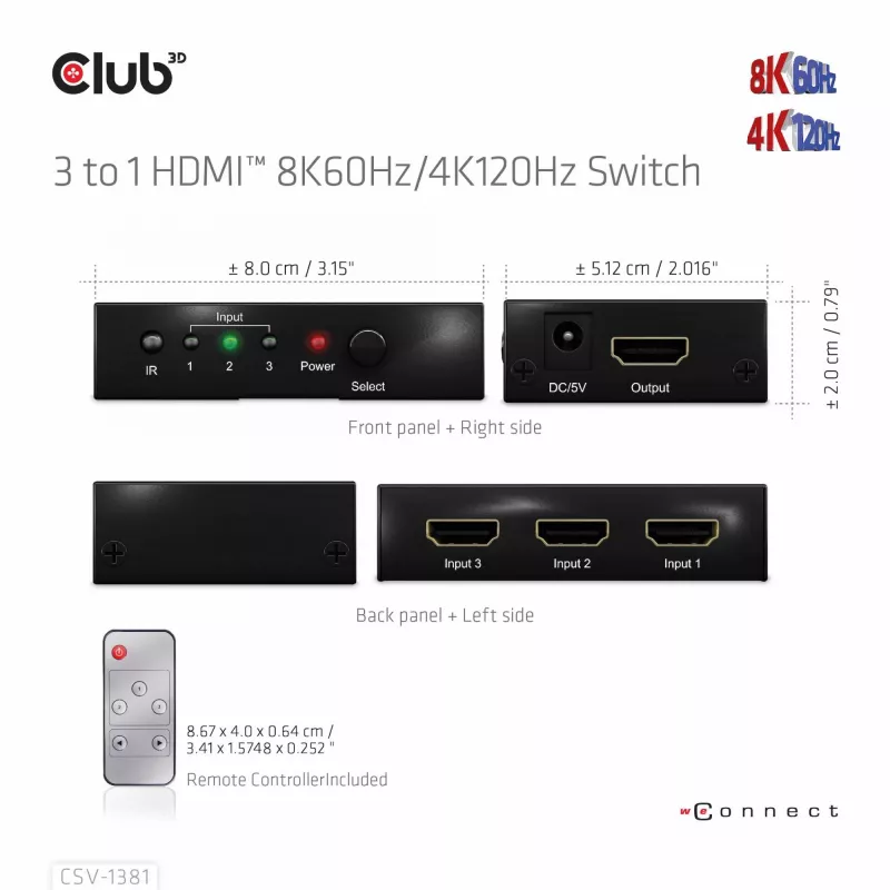 Club3D CSV-1381 conmutador HDMI 3 a 1, 8K60Hz/4K120Hz