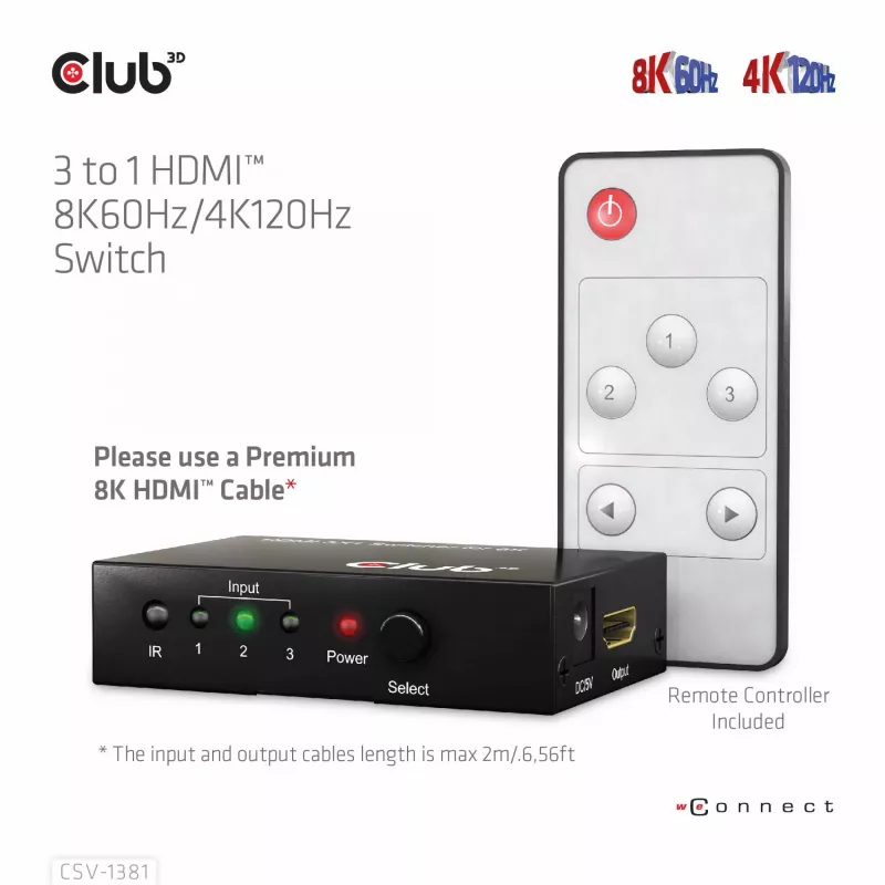 Club3D CSV-1381 conmutador HDMI 3 a 1, 8K60Hz/4K120Hz